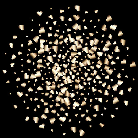 Gold gradient hearts random confetti in circle shape. Shiny gradient on black background. Perfect for invitation or greeting card, banners, decoration, rich soft metal gold backdropのイラスト素材