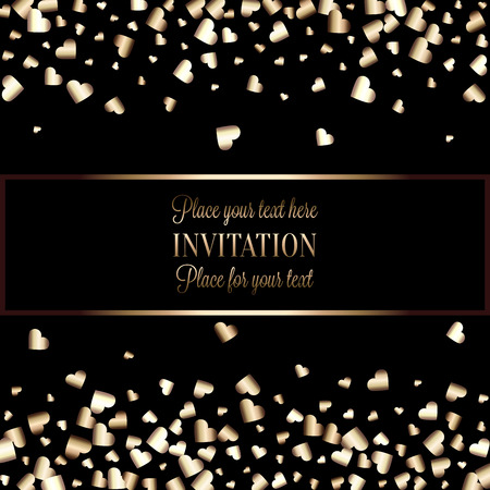 Gold gradient hearts random confetti invitation card template. Shiny gradient on black background. Perfect for greeting card, banners, decoration, rich soft metal gold backdrop with place for textのイラスト素材