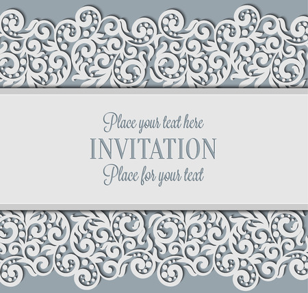 Vector floral swirls decorated invitation card. Abstract 3D background design template with plac e for text. White simple lace with shadow, paper cut effectのイラスト素材