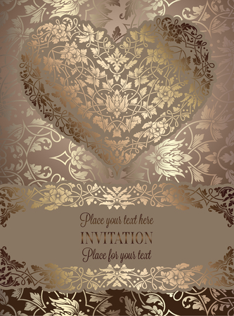 Floral invitation card with antique, luxury beige and gold vintage frame and big ornamental heart,victorian banner,exquisite wallpaper ornament, baroque style booklet,fashion pattern, design template.のイラスト素材