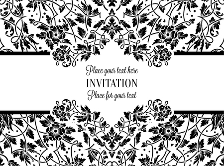 Floral invitation card with antique, luxury black and white vintage frame and ornamental lacy background,victorian banner,exquisite wallpaper ornament, baroque style fashion pattern, design template.のイラスト素材