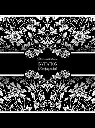 Floral invitation card with antique, luxury black and white vintage frame and ornamental lacy background,victorian banner,exquisite wallpaper ornament, baroque style fashion pattern, design template.のイラスト素材