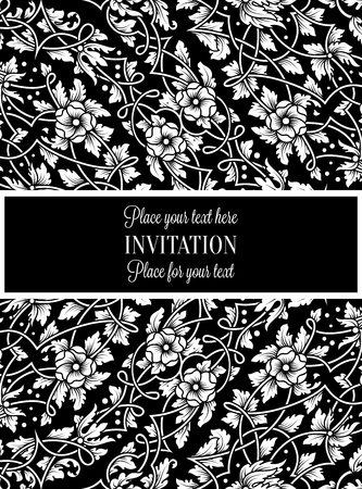 Floral invitation card with antique, luxury black and white vintage frame and ornamental lacy background,victorian banner,exquisite wallpaper ornament, baroque style fashion pattern, design template.のイラスト素材