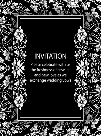 Floral invitation card with antique, luxury black and white vintage frame and ornamental lacy background,victorian banner,exquisite wallpaper ornament, baroque style fashion pattern, design template.のイラスト素材