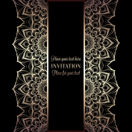 Floral invitation card or background with antique, luxury black and gold vintage frame, victorian banner,intricate wallpaper lacy ornament, baroque style booklet,fashion pattern, template for design.のイラスト素材