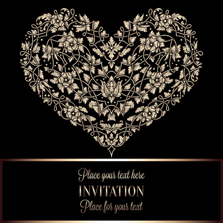Invitation card or background with gold frame, big ornamental heart made of golden foil glitte, intricate wallpaper lacy tracery baroque style booklet,template for design with place for text.のイラスト素材