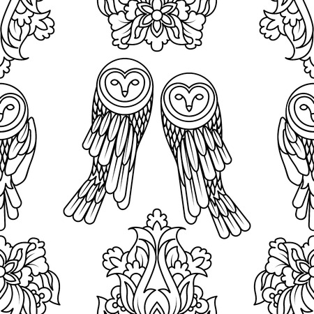 seamles black and white owl and flowers pattern vector illustration.のイラスト素材