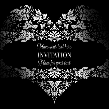 Floral invitation card with antique, luxury black and white vintage frame and big ornamental heart,victorian banner,exquisite wallpaper ornament, baroque style booklet,fashion pattern,design template.のイラスト素材