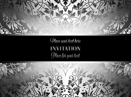 Floral invitation card with antique, luxury silver and gray vintage frame and ornamental lacy background,victorian banner,exquisite wallpaper ornament, baroque style fashion pattern, design template.のイラスト素材