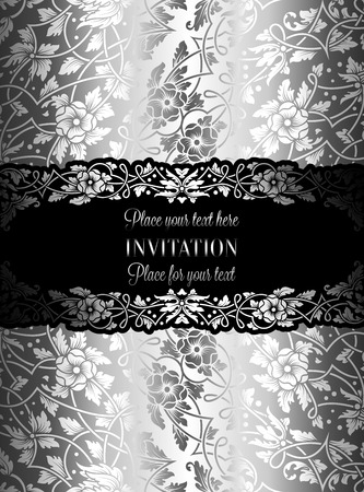 Floral invitation card with antique, luxury silver and gray vintage frame and ornamental lacy background,victorian banner,exquisite wallpaper ornament, baroque style fashion pattern, design template.のイラスト素材