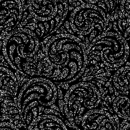 Seamless pattern with vector silver glitter swirls. Vector ornament, consisting of sequins or glitter. Metal dust decoration background, glamour shiny texture with glittering sparkles.のイラスト素材