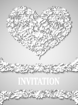 Cutout paper invitation card with intricate design, paper lace decoration, white voluminous elements.のイラスト素材