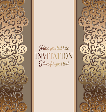 Antique baroque luxury wedding invitation, gold on beige background with frame and place for text, lacy foliage with shiny gradient.のイラスト素材