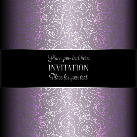 Romantic background with antique, luxury black, metal lilac vintage card, victorian banner, rose flower wallpaper ornaments, invitation card, baroque style booklet with text.のイラスト素材