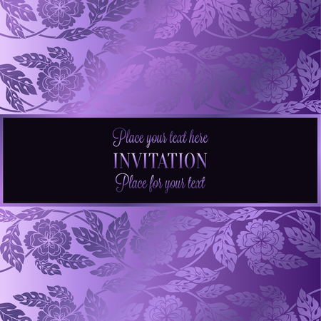 Floral background with antique, luxury lilac, violet flower vintage frame, victorian banner, damask floral wallpaper ornaments, invitation card, baroque style booklet, fashion pattern, template.のイラスト素材