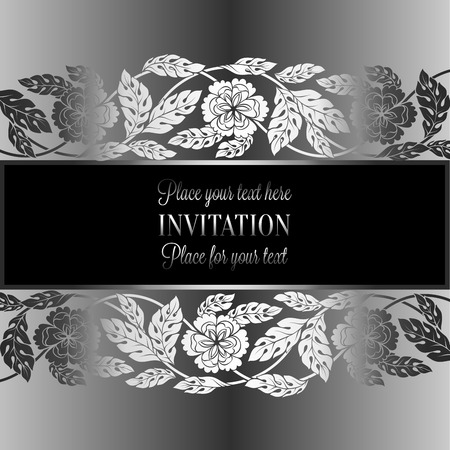 Floral background with antique, luxury black, metal silver and gray vintage frame, victorian banner,damask floral wallpaper ornaments, invitation card, baroque style booklet, fashion pattern, template.のイラスト素材