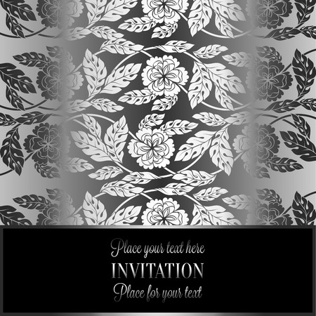Floral background with antique, luxury black, metal silver and gray vintage frame, victorian banner,damask floral wallpaper ornaments, invitation card, baroque style booklet, fashion pattern, template.のイラスト素材