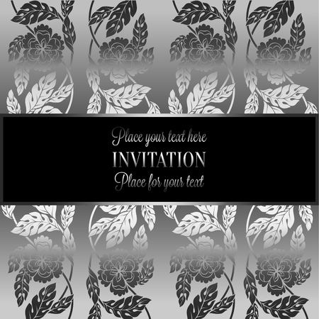 Floral background with antique, luxury black, metal silver and gray vintage frame, victorian banner,damask floral wallpaper ornaments, invitation card, baroque style booklet, fashion pattern, template.のイラスト素材