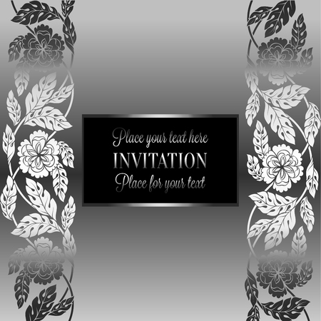 Floral background with antique, luxury black, metal silver and gray vintage frame, victorian banner,damask floral wallpaper ornaments, invitation card, baroque style booklet, fashion pattern, template.のイラスト素材