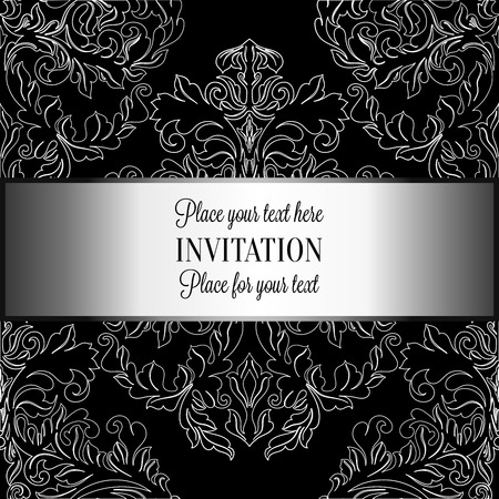 Baroque background with antique, luxury gray, black and metal silver vintage frame, victorian banner, damask floral wallpaper ornaments, invitation card, baroque style booklet, fashion pattern.のイラスト素材