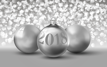 Shiny glass Christmas toys template. Three christmas balls with confetti background. Silver year 2018 decoration, realistic elements.のイラスト素材