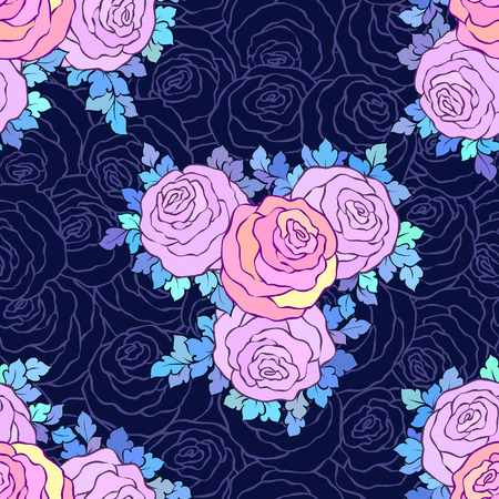 Floral decorative bright wallpaper with cute roses, seamless pattern in lilac colors on blue background.のイラスト素材