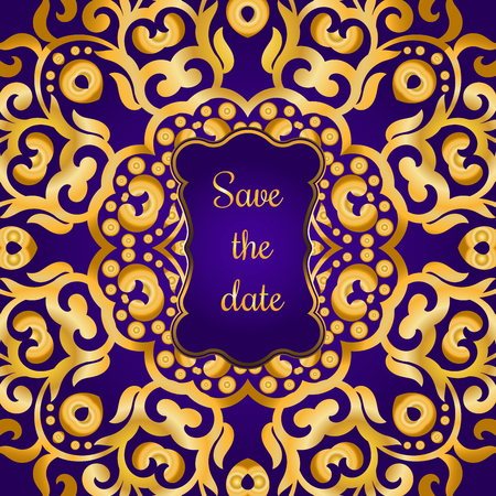 Rich gold invitation card in the Indian style. Bohemian Cards with mandalas. Royal purple and gold ornament. Unique template for design or backdrop.のイラスト素材