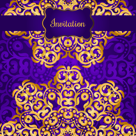 Rich gold invitation card in the Indian style. Bohemian Cards with mandalas. Royal purple and gold ornament. Unique template for design or backdrop.のイラスト素材
