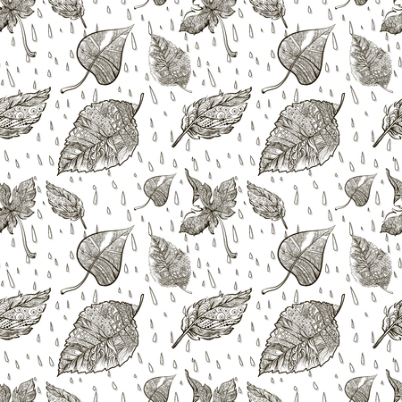 Seamless vector background black and white doodle autumn foliage with waterdrips isolated on white backgroundのイラスト素材