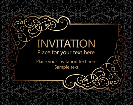 Vintage baroque gold invitation card, vector antique frame with place for text on black background with stylish ornate pattern calligraphic swirls and decorations.のイラスト素材