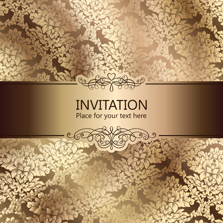 Abstract background with luxury beige and gold vintage frame, damask floral wallpaper ornaments, invitation card with place for text, baroque style booklet, fashion pattern, template for design.のイラスト素材
