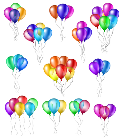Set of bunches of colorful helium balloons with strings isolated on white backgroundのイラスト素材
