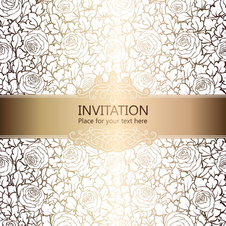 Abstract background with roses, luxury white and gold vintage frame, victorian banner, damask floral wallpaper ornaments, invitation card, baroque style booklet, fashion pattern, template for designのイラスト素材