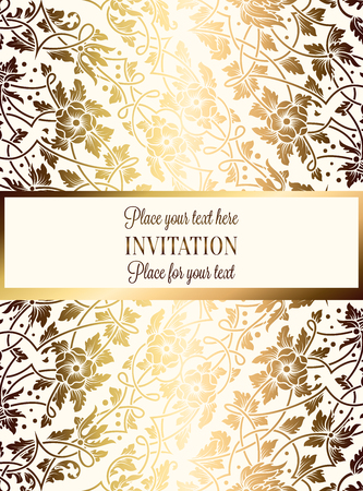 Intricate baroque luxury wedding invitation card, rich gold decor on beige background with frame and place for text, lacy foliage with shiny gradient.のイラスト素材