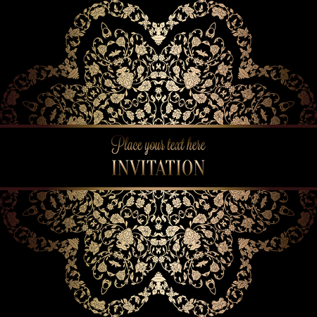 Vintage baroque Wedding Invitation template with damask background. Tradition decoration for wedding. Vector illustration in black and gold.のイラスト素材