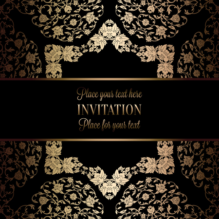 Vintage baroque Wedding Invitation template with damask background. Tradition decoration for wedding. Vector illustration in black and gold.のイラスト素材
