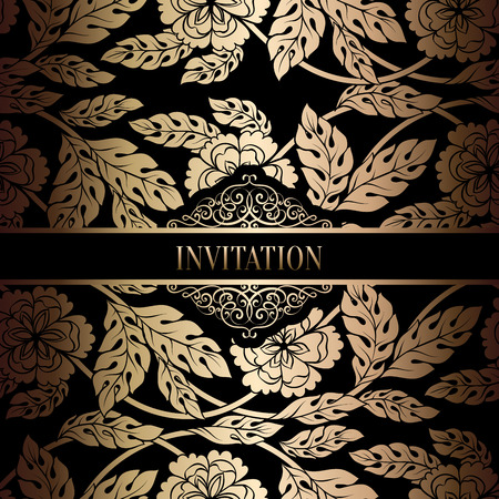 Vintage baroque Wedding Invitation template with damask background. Tradition decoration for wedding. Vector illustration in black and gold.のイラスト素材