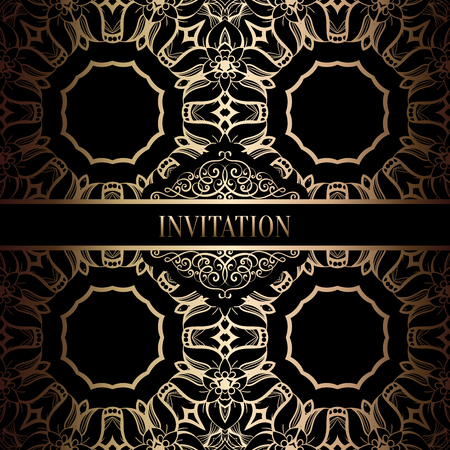 Vintage baroque Wedding Invitation template with damask background. Tradition decoration for wedding. Vector illustration in black and gold.のイラスト素材