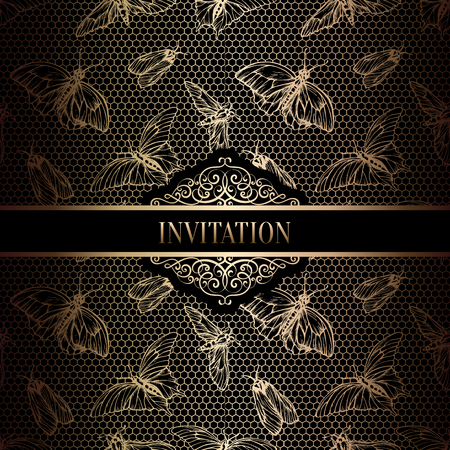 Vintage baroque Wedding Invitation template with butterfly background. Traditional decoration for wedding. Vector illustration in black and gold.のイラスト素材