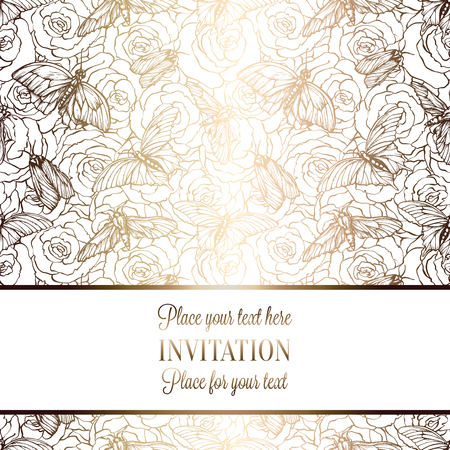 Intricate baroque luxury wedding invitation card, rich gold decor on beige background with frame and place for text, lacy foliage with shiny gradient.のイラスト素材