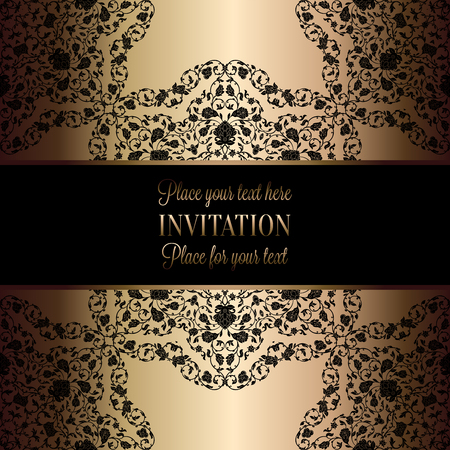 Vintage baroque Wedding Invitation template with butterfly background. Traditional decoration for wedding. Vector illustration in black and gold.のイラスト素材