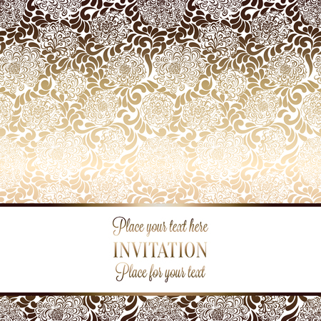 Intricate baroque luxury wedding invitation card, rich gold decor on beige background with frame and place for text, lacy foliage with shiny gradient.のイラスト素材