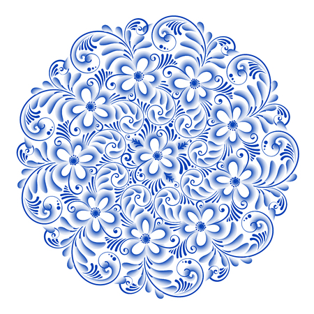 Decorative exquisite porcelain plate ornate in traditional Russian style Gzhel. Isolated blue round floral patternのイラスト素材