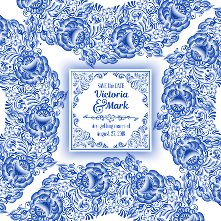 Wedding invitation card in Russian ornamental traditional painting art style gzhel folk ethnic design on plain background.のイラスト素材