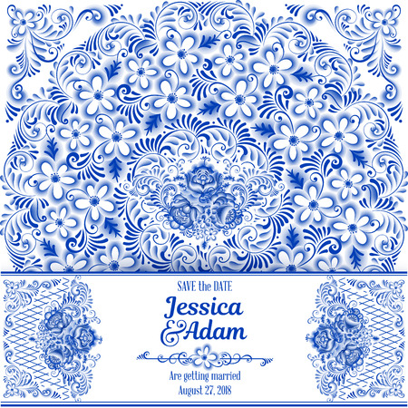 Wedding invitation card in Russian ornamental traditional painting art style gzhel. Blue flowers and scrolls, exquisite folk ethnic design.のイラスト素材