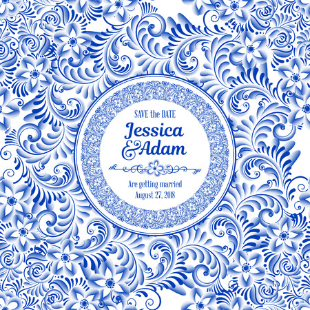 Wedding invitation card in Russian ornamental traditional painting art style gzhel. Blue flowers and scrolls, exquisite folk ethnic designのイラスト素材