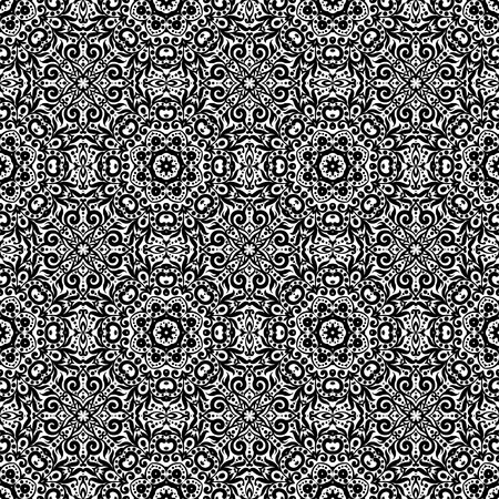 Black and white seamless pattern with flourishes, monochrome intricate background.のイラスト素材