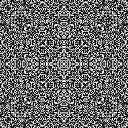 Black and white seamless pattern with flourishes, monochrome intricate background. Tribal ethnic...