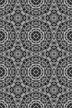 Black and white vertical seamless pattern with flourishes, monochrome intricate background. Tribal ethnic ornament, decorative repeating texture endless tile, eastern exquisite style wallpaper or texture.のイラスト素材