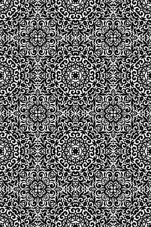 Black and white vertical seamless pattern with flourishes, monochrome intricate background. Tribal...